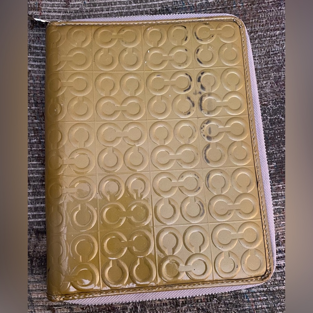 Coach Embossed Patent Leather Zip Portfolio/Notebook in Olive-Gold.